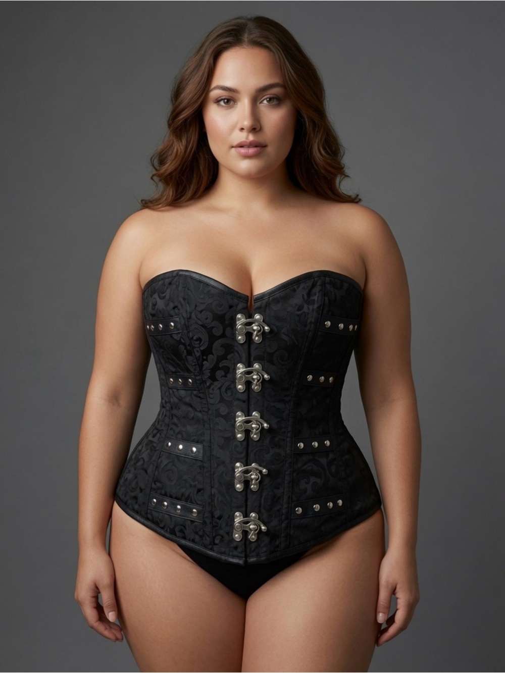 Strapless Black Brocade Corset with Decorative Hardware (Steampunkstyle)